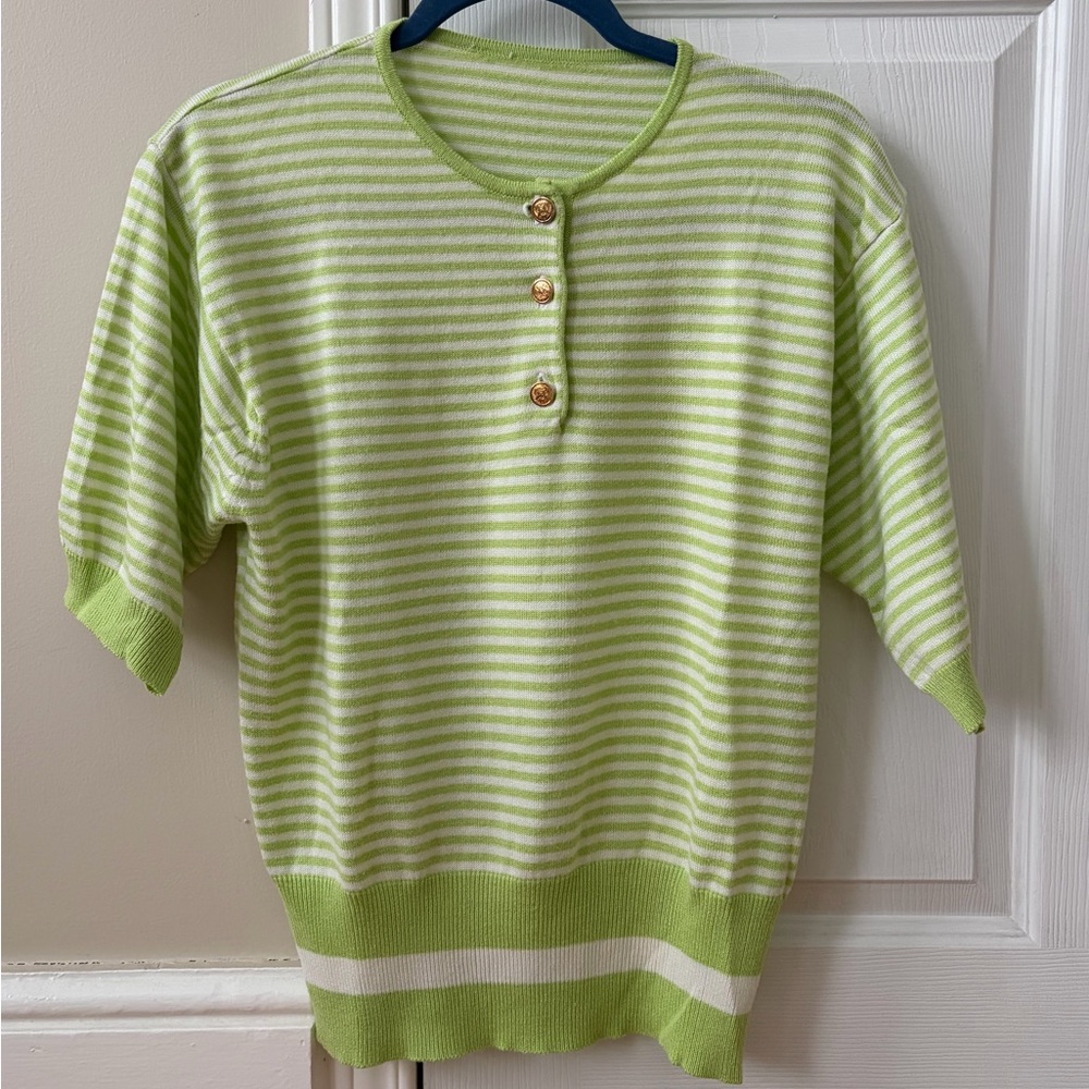 Light Green & White Striped Short Sleeve Sweater Cotton